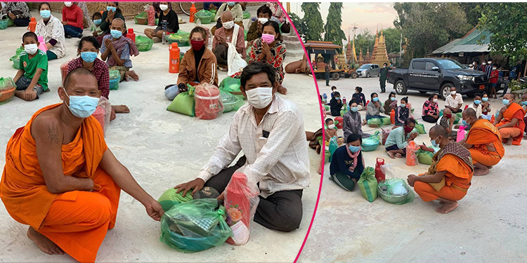 ព្រះសង្ឃក្នុងខេត្តសៀមរាបនាំយកអង្ករ និងសម្ភារ:ផ្ទះបាយ ឧបត្ថម្ភដល់ប្រជាពលរដ្ឋជួបការខ្វះខាតចំនួន ១០០គ្រួសារ នៅក្នុងសង្កាត់សៀមរាប